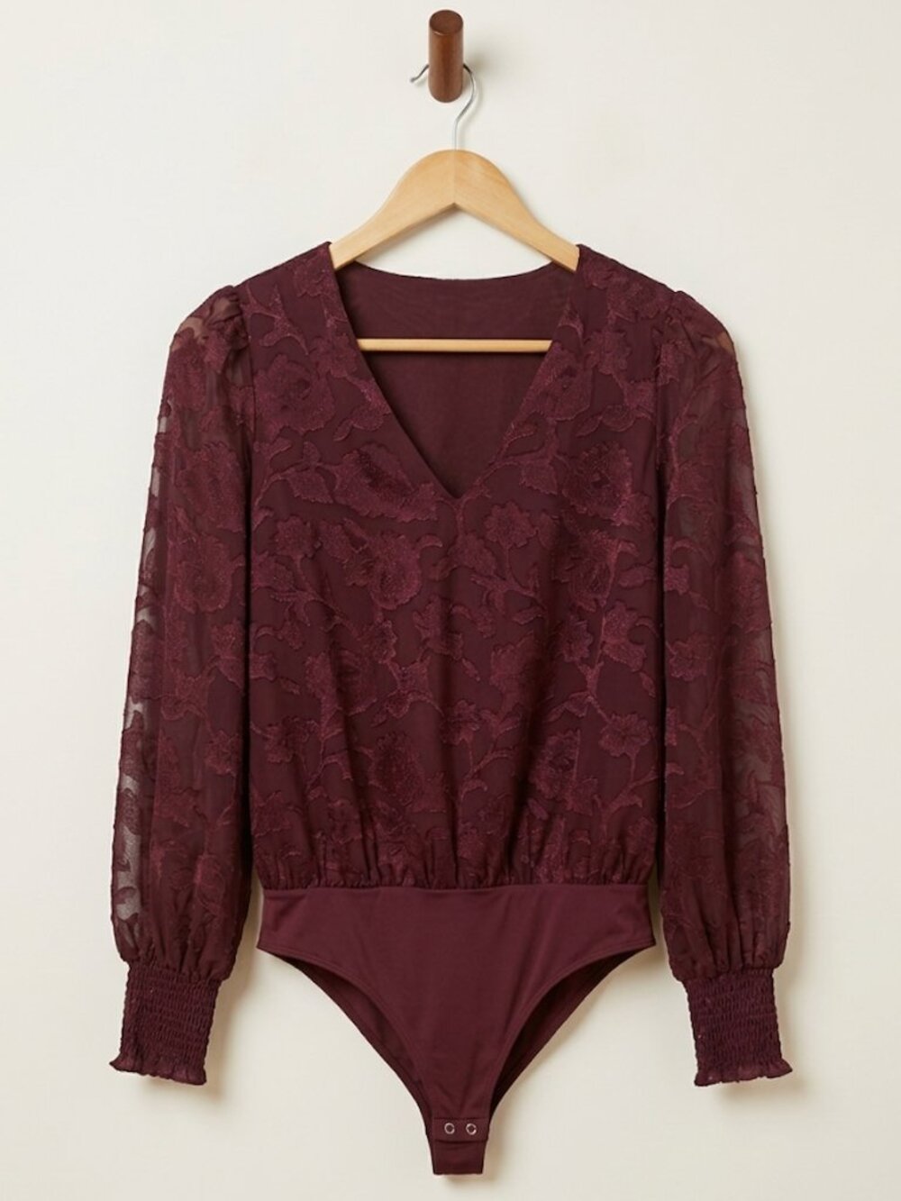 Express Burgundy Floral Jacquard V-Neck Bodysuit